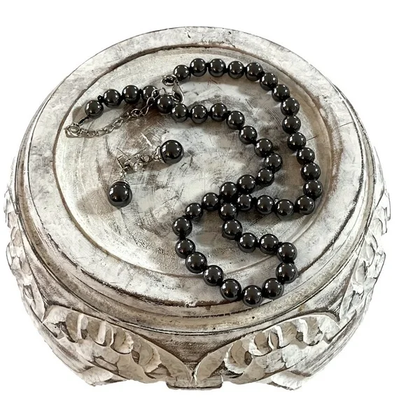 Hematite Round Beaded Necklace with Matching Drop Beaded Earrings Set - Picture 5 of 17